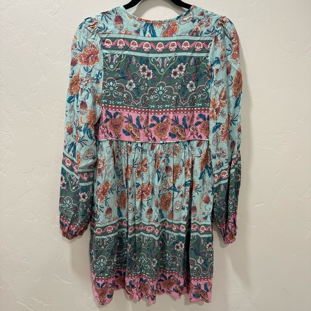 Floral Green & Pink Dress Boho Flowy Beach Tassel Lightweight Women's Small 4/6 - Picture 13 of 16